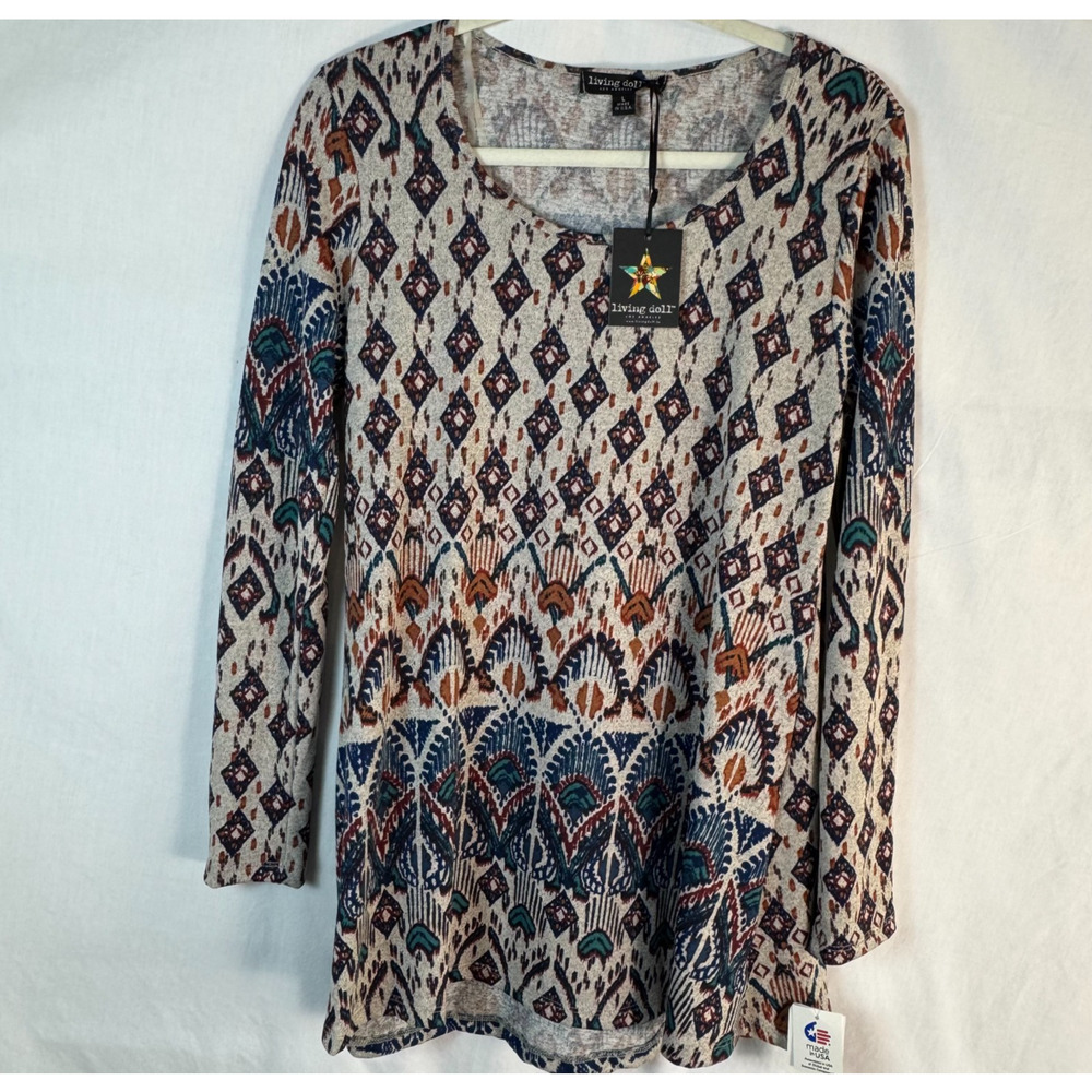 Living Doll Los Angeles NWT Top Womens Large Patterned A-Line Long Sleeve, Aztec